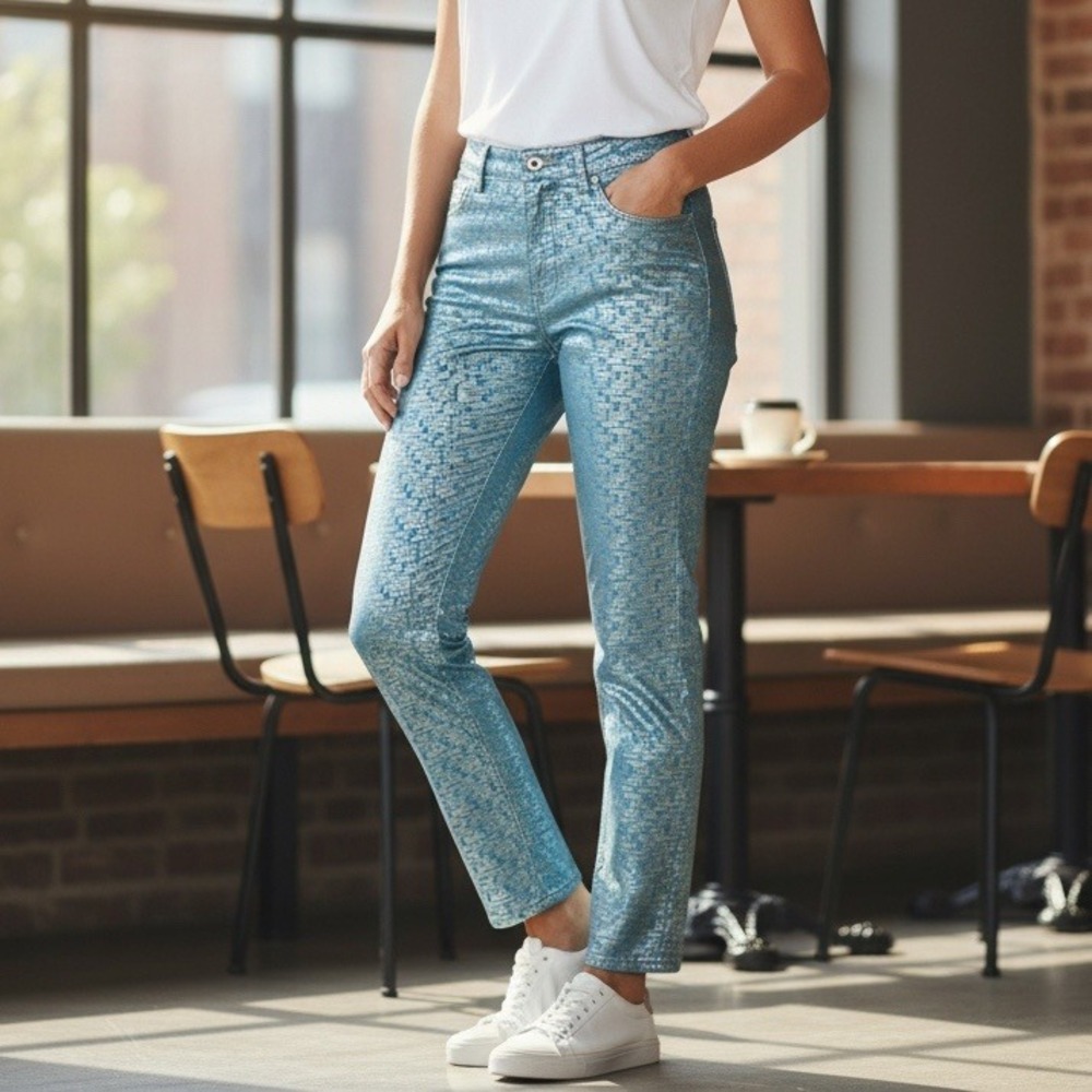 VTG Iceberg Jeans Womens Metallic Print Straight‎ Leg Denim Pants Italy Size 34